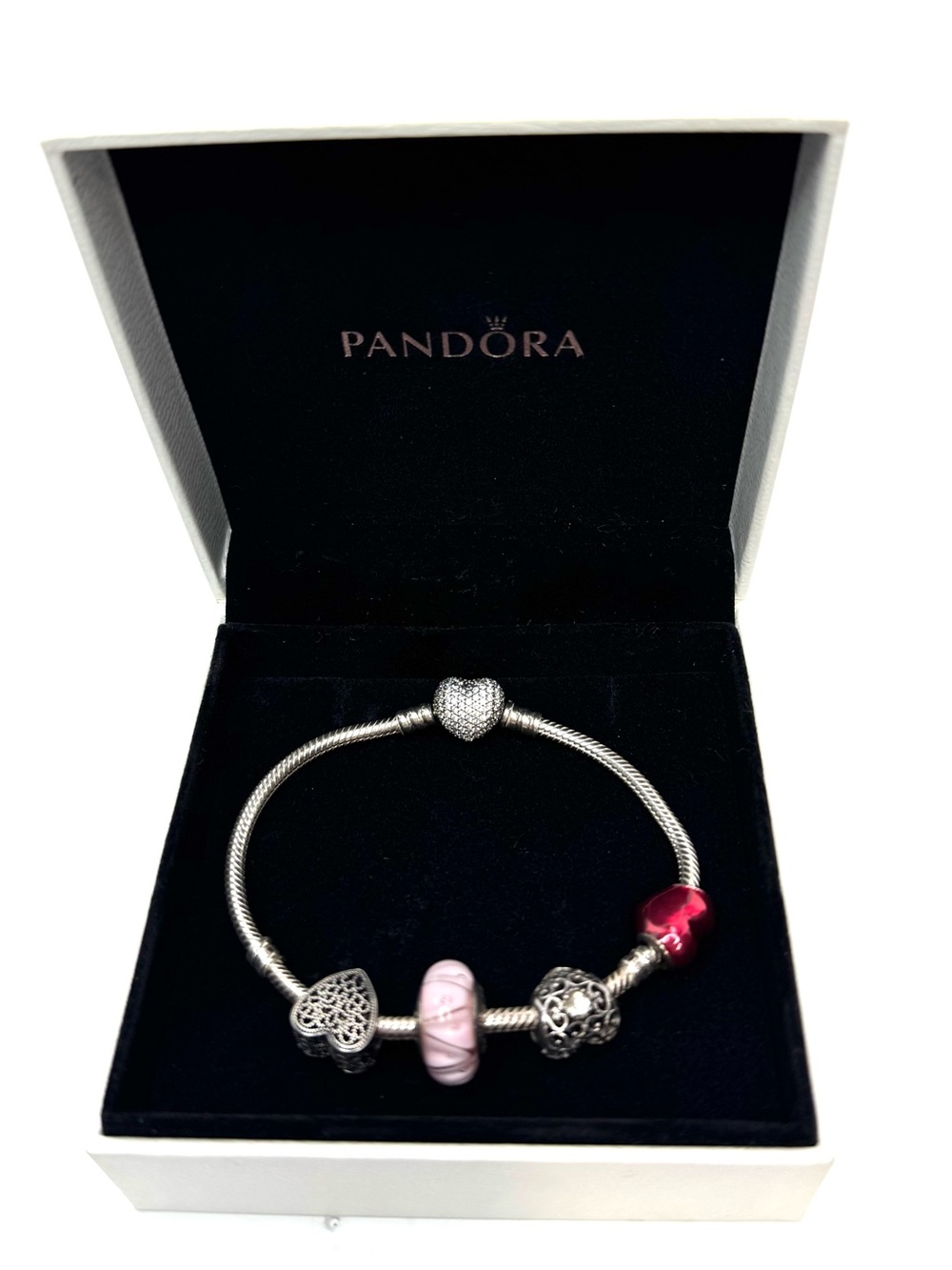Authentic Pandora 925 ALE Sterling Silver Bracelet w/ 4 Charms Murano Glass